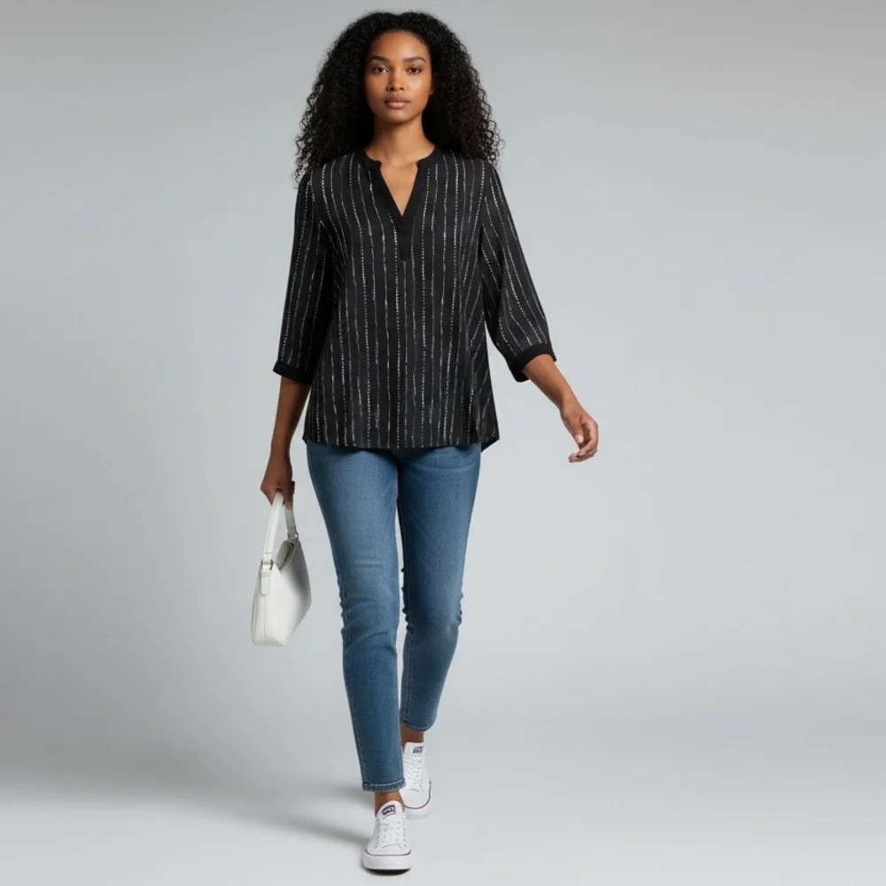 Chic Black Women's Blouse with Stripes - Picture 2 of 5